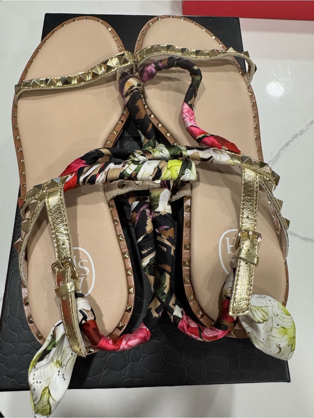 Ash Gold Studded Sandals with Floral Wrap Straps